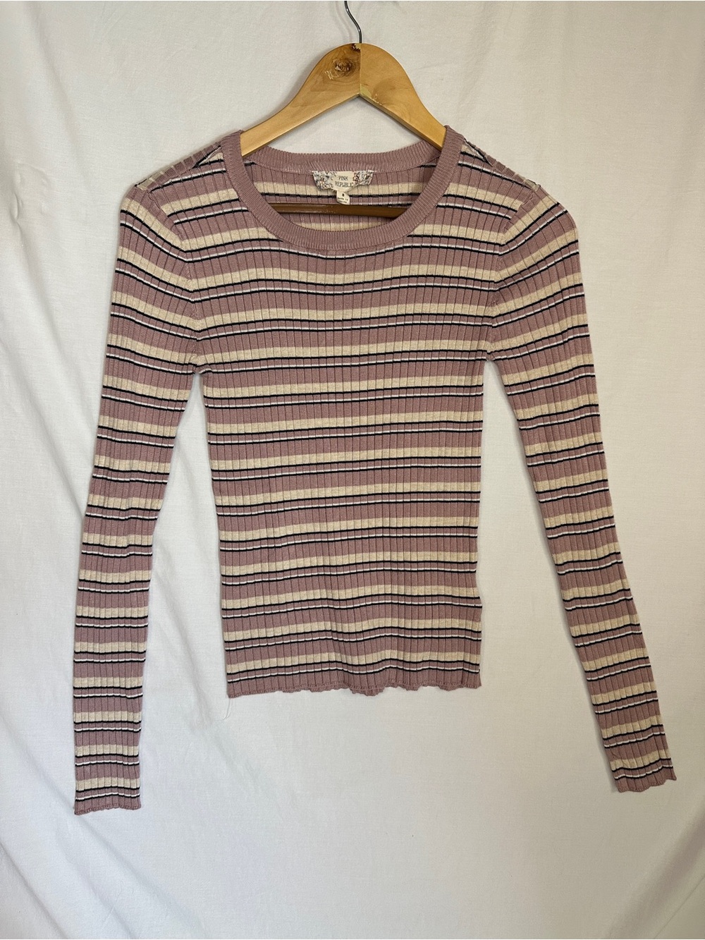 Pink Republic Striped Ribbed Long Sleeve Top in Mauve Pink, Cream & Black